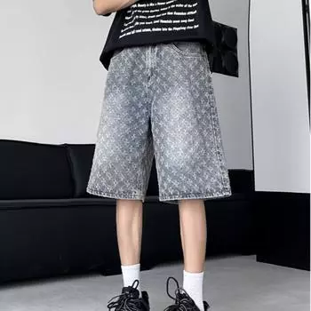 Men s Summer Retro Starry Sky Denim Shorts - High Street Tall 5-Point Breeches S синий