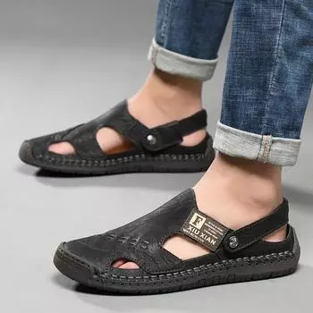 Men s Summer Sandals Leather Comfortable Slip-on Casual Sandals Fashion British Men Slippers Big Size 38-48 Outdoor Retro Gents 38 чёрный