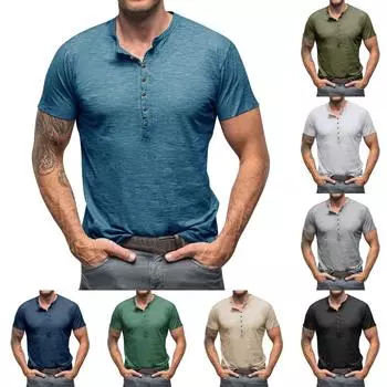 Men s Summer Solid Round Neck Short Sleeved T-shirt L синий
