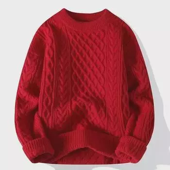 Men s Thick Cable Knit Sweater - Autumn/Winter Casual Solid Color Round Neck Pullover XL чёрный