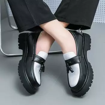 Men s thick soled leather shoes contrasting color casual men s shoesLeather Casual Shoes Outdoor Trendy Thick-soled Shoes 38 чёрный
