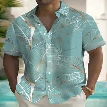 Men s Tropical Leaf Pattern Digital Printed Short Sleeved Shirt with Casual Buttons Made of Polyester Fiber Summer Is Very Suitable for Summer Outings S