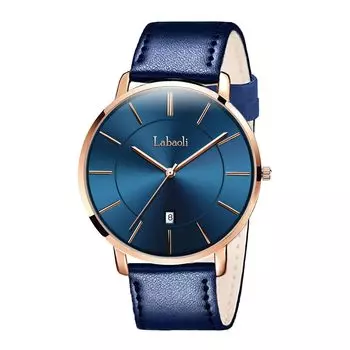 Men s Ultra-Thin 6.5MM Simple Fashion Casual Business Watch Japanese Quartz Movement 40mm Dial Genuine Leather Band Unisex (Blue Band Rose Gold Case