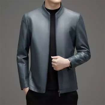 Men s velvet leather jacket spring and autumn casual stand-up collar sheepskin middle-aged jacket leather coat 170