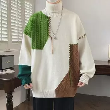 Men s Warm Knitted Winter Turtleneck Sweater - Contrast Design, Long Sleeve 4XL оранжевый