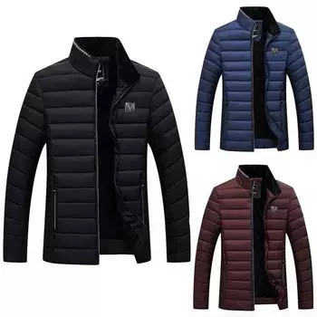 Men s Warm Soild Stand Collar Winter Zip Coats Outwear Velvet Cotton Jacket M винный