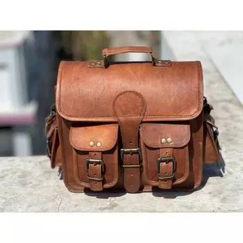 Men s Wide Vintage Leather Messenger Shoulder Laptop Bag Briefcase Durable 13 x 10 x 4 in