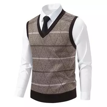 Men s Winter Fleece-Lined Plaid Vest, Pullover, Loose-Fitting Men s Sleeveless Sweater Vest XXL кофейный