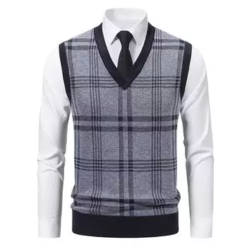 Men s Winter Fleece-Lined Plaid Vest, Pullover, Loose-Fitting Men s Sleeveless Sweater Vest L