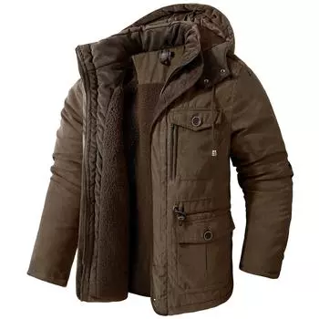 Men s Winter Mid-length Hooded Warm Jacket Middle-aged Solid Color Thickened Multi-pocket Casual Jacket XS коричневый
