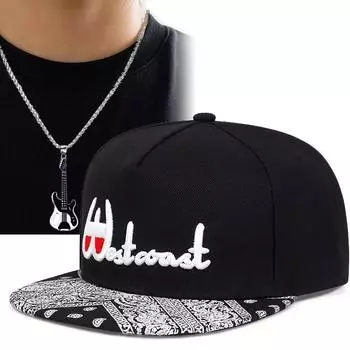 Men s Women s Sports Baseball Cap 2pcs Embroidered Flat-Brimmed Shade Hip-Hop Hat Guitar Pendant Necklace Set Fashion Casual Couple Duck Tongue Cap чёрный