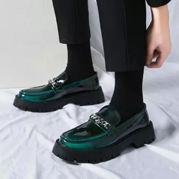 Men Shoes for Party Green/Black Patent Shoe for Men Elegant Shoes Men Slip on Loafers Male Fashionable Thick Soles Big Toe Shoes 38 чёрный