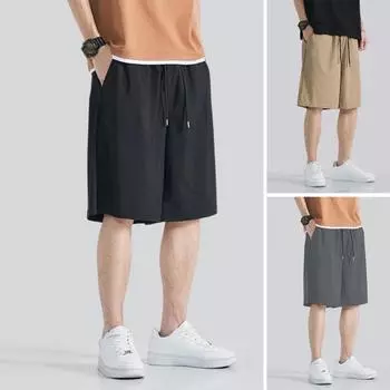 Men Shorts Adjustable Drawstring Waist Casual Trousers with Reinforced Pockets Solid Color L хаки