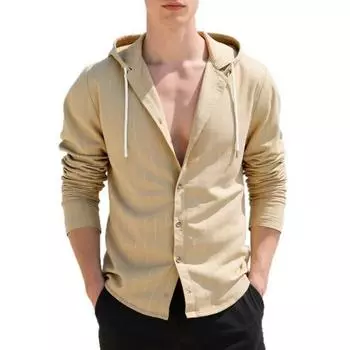 Men Stripe Hooded Shirt Linen Long Sleeve Button Down Shirt Casual Regular Fit Shirt for Fall Vacation Street Work Wear S легкие хаки