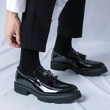 Men Tassel Casual Leather Shoes Luxury Slip On Thick bottom Loafers Platform Fashion Patent Leather Business Shoes Prom Dress 38