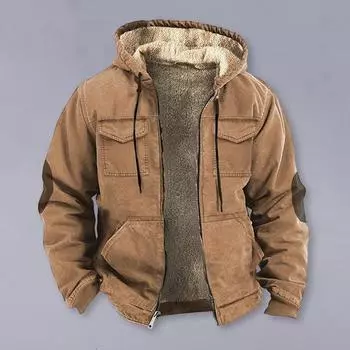 Men Thermal Jacket Hooded Drawstring Long Sleeve Solid Color Jacket with Pockets XL хаки