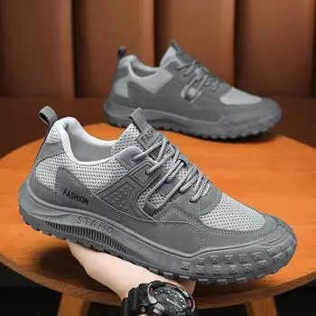 Men Walking Shoes Breathable Running Shoes Lace-Up Comfortable Sport Shoes Non-Slip Wear-Resistant Men s Platform CasualSneakers 39 серый