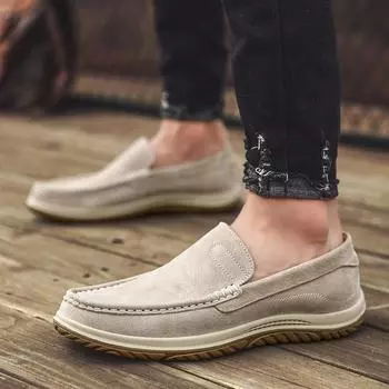 Men Walking Shoes Leather Light Colour Loafers Men Breathable All-match Flats Man Casual Slip on Driving Footwear Men Shoes 35 серый