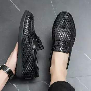 Men Weave Pattern Lace-up Loafers Fashion High Quality Leather Shoes Summer Slip-on Elegant Business Driving Pea Shoes Black 38 чёрный