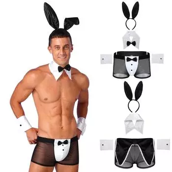 Комплект мужского нижнего белья Bunny, прозрачные трусы-боксеры с кроличьими ушками, повязка на голову, аксессуары M