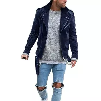 Mens Faux Slim Suede Leather Biker Jacket Autumn Warm Casual Moto Zipper Coats Navy,L
