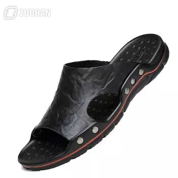 Mens Slippers Outdoor Summer Genuine Leather Slides for Men Couple Non-slip Women Home Fashion Casual Single Shoes Large Size 38 чёрный