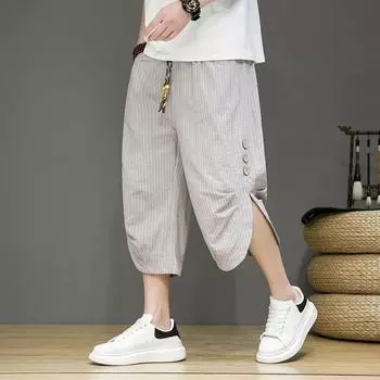 Mens Summer Thin Striped Casual Pants Plus Size Loose Wide Leg 7 Points Harlan Pants 5XL белый