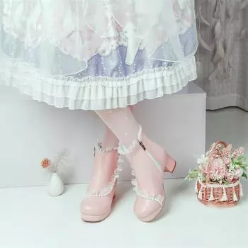 Meotina Женские ботильоны Kawaii с круглым носком, на толстом среднем каблуке, с застежкой-молнией, с оборками из бисера, короткие ботинки в стиле Лолиты для косплея, женская модная зимняя обувь 33 белый