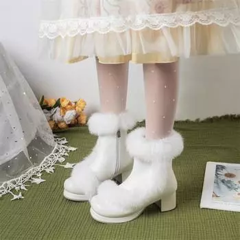 Meotina Женские ботильоны Kawaii с круглым носком на толстом среднем каблуке с застежкой-молнией в стиле косплей Лолита короткие сапоги женская модная обувь зимняя белая 46 33 белый