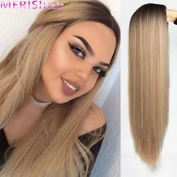 MERISIHAIR Длинный прямой синтетический парик Светло-коричневые парики с эффектом омбре для женщин Смешанный черный и фиолетовый парик Средняя часть натуральных волос