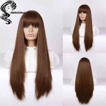 MERISIHAIR Коричневый парик с челкой Длинные коричневые парики для женщин Натуральные волнистые брюнетки Парики Термостойкое волокно Синтетические коричневые парики для повседневной вечеринки