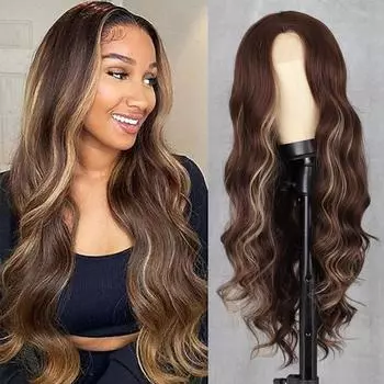 MERISIHAIR Коричневый смешанный светлый цвет, длинный волнистый парик без челки, кружевная передняя повседневная одежда, длинный волнистый парик из синтетического волокна для женщин 60 CM