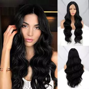 MERISIHAIR Натуральный Черный Длинный Объемный Волнистый Парик Фронта Шнурка Без Челки Синтетическое Волокно Повседневная Одежда Длинный Волнистый Черный Парик