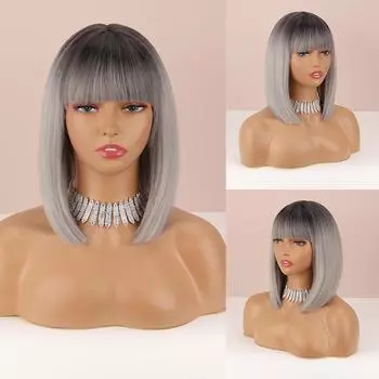 MERISIHAIR Ombre Серого Цвета Женская Мода До Плеч Натуральный Прямой Парик Боб с Челкой Повседневная Одежда Косплей Синтетический Парик