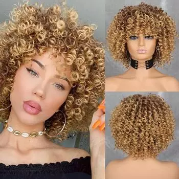 MERISIHAIR вьющийся афро-блондинный парик с челкой, парики до плеч, афро-кудрявые парики, синтетический вьющийся полный парик для чернокожих женщин China