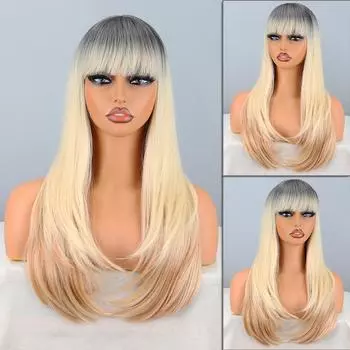 MERISIHAIR женский длинный многослойный парик с омбре, черный, коричневый, блонд с челкой, натуральный прямой волнистый парик из синтетического волокна, повседневная одежда 60cm
