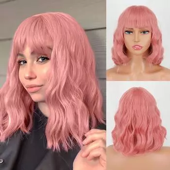 MERISIHAIR женский короткий боб натуральный волнистый розовый парик с челкой из синтетического волокна короткий парик с волнистыми волосами повседневная одежда для косплея