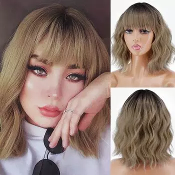 MERISIHAIR женский короткий платиновый блондин омбре волнистый парик с челкой для женщин косплей вечерние парики натуральный вид для повседневного использования 12inches