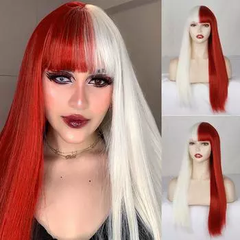 MERISIHAIR женский модный длинный прямой полуцветный красный, белый парик для косплея с челкой, длинный прямой парик из синтетического волокна 60 cm