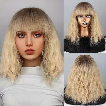 MERISIHAIR женский модный парик длиной до плеч, натуральный волнистый парик из синтетического волокна, повседневная одежда, косплей, пушистые волнистые волосы, омбре, блондинка 30cm