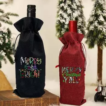 Merry bright christmas tree print wine bottle bag burlap dust cover protects bottle family banquet decoration christmas gifts