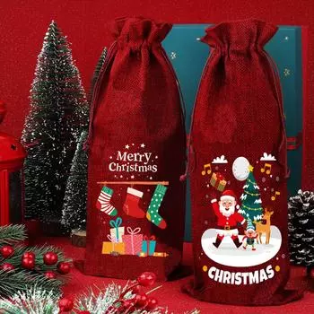 Merry Christmas Burlap Wine Bags Christmas Drawstring Bag Reusable Wine Bottle Covers Xmas Holiday Party Home Storage Gifts