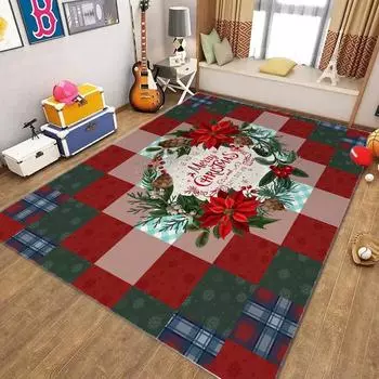 Merry Christmas Floral Red Green Plaid Print Rug for Bedroom Living Room Carpet Christmas Decor Floor Mat Non-Slip Bathroom Rug 40X60cm-16x24in
