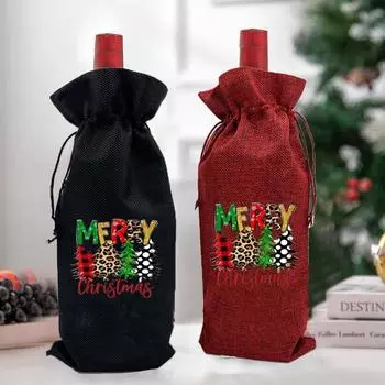 Merry christmas tree print wine bottle bag Burlap retro dust cover to protect wine bottle Christmas gift for family and friends