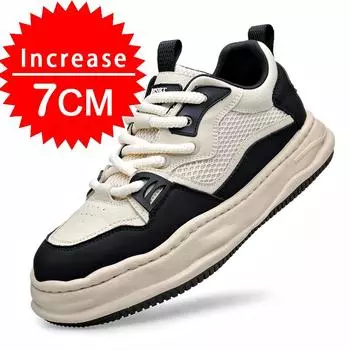 Mesh+Cowhide 7CM Men Elevator Shoes Platform Sneakers Fashion Casual Lightweight Comfortable Breathable Height Increasing Sports 38 чёрный
