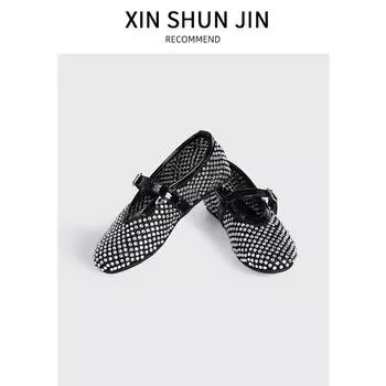 Mesh full diamond niche temperament hollow rhinestone ballet shoes new women s versatile one-word buckle shallow mouth single shoes 35