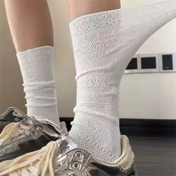 Mesh Hollowed Out White Pile Socks Thin Crew Socks Sweet Lace Socks Women Ladies белый