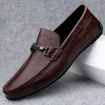 Metal Buckle Brown Loafers Genuine Leather Mens Business Formal Shoes Comfortable Casual Shoes Driving Footwear Breathable Mens 36 чёрный