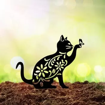 Metal Garden Ornaments Creative Paint Hollowed Out Cat. A charming landscape decoration and plug-in craft for outdoor courtyard. чёрный