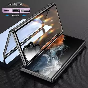 Металлический чехол с магнитной адсорбцией на 360 градусов для Samsung Galaxy S24 S23 FE S22 Ultra S21 Plus, полная защита объектива, двухсторонняя стеклянная крышка для iPhone 14 Pro Max For Samsung S23 Ultra чёрный
